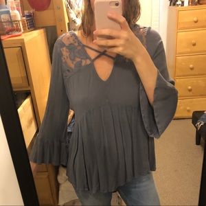 Blue open back lace shirt